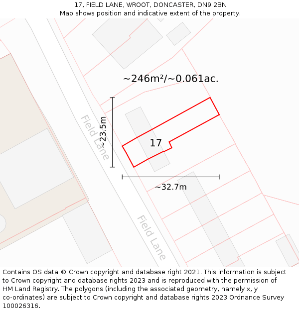 17, FIELD LANE, WROOT, DONCASTER, DN9 2BN: Plot and title map