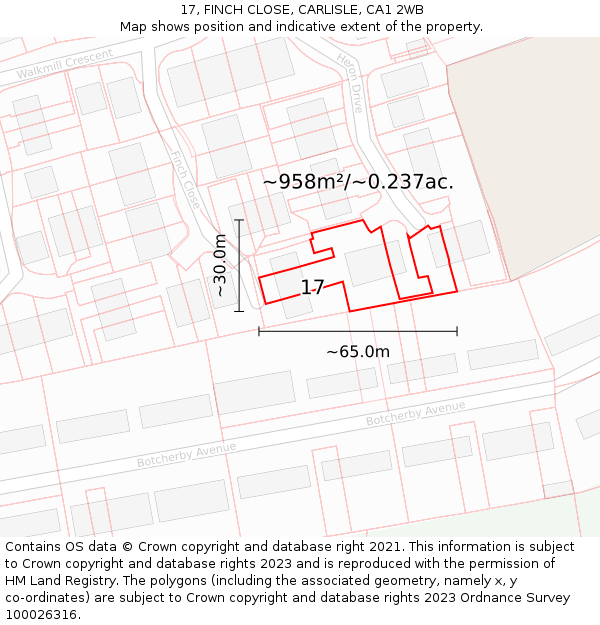 17, FINCH CLOSE, CARLISLE, CA1 2WB: Plot and title map
