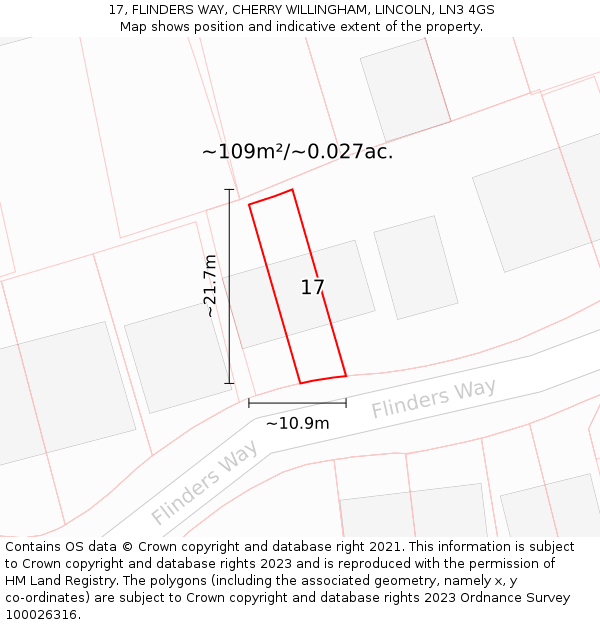 17, FLINDERS WAY, CHERRY WILLINGHAM, LINCOLN, LN3 4GS: Plot and title map
