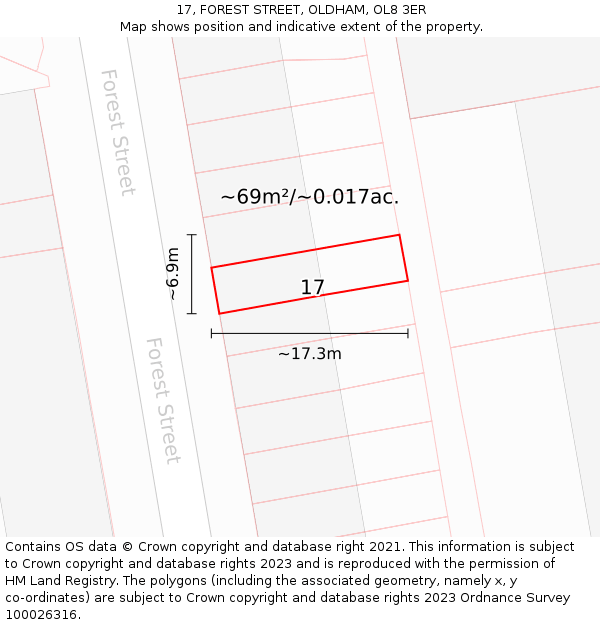 17, FOREST STREET, OLDHAM, OL8 3ER: Plot and title map