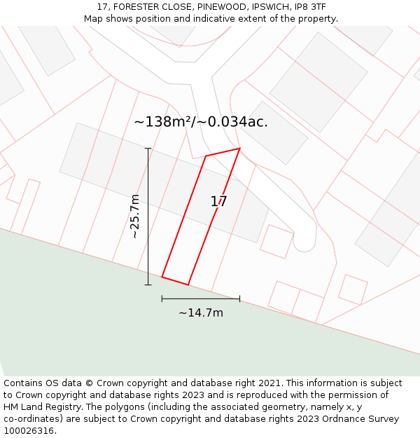 17, FORESTER CLOSE, PINEWOOD, IPSWICH, IP8 3TF: Plot and title map