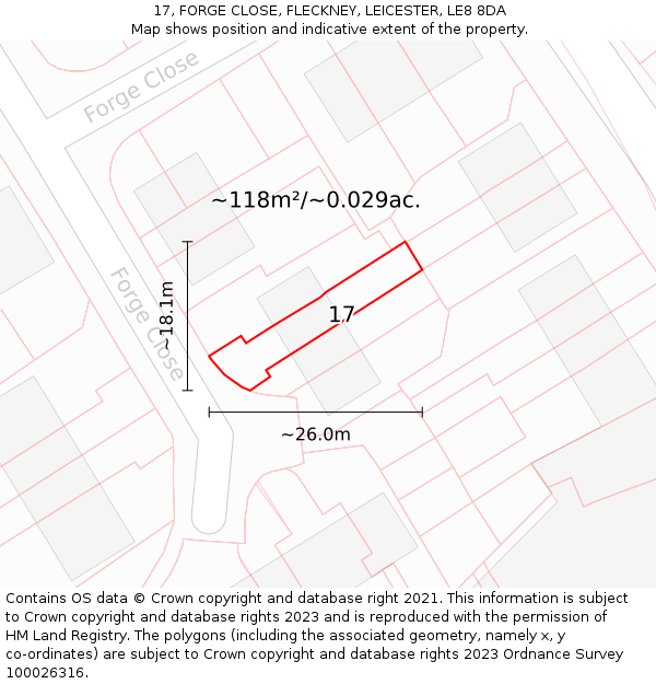 17, FORGE CLOSE, FLECKNEY, LEICESTER, LE8 8DA: Plot and title map