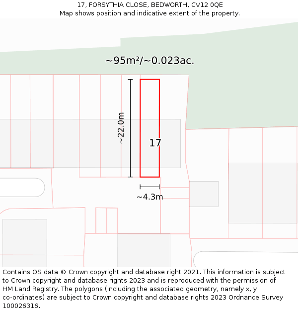 17, FORSYTHIA CLOSE, BEDWORTH, CV12 0QE: Plot and title map