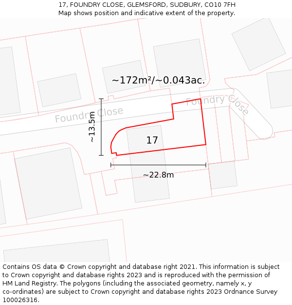 17, FOUNDRY CLOSE, GLEMSFORD, SUDBURY, CO10 7FH: Plot and title map