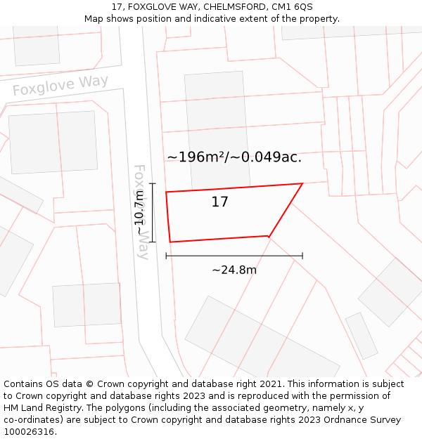 17, FOXGLOVE WAY, CHELMSFORD, CM1 6QS: Plot and title map