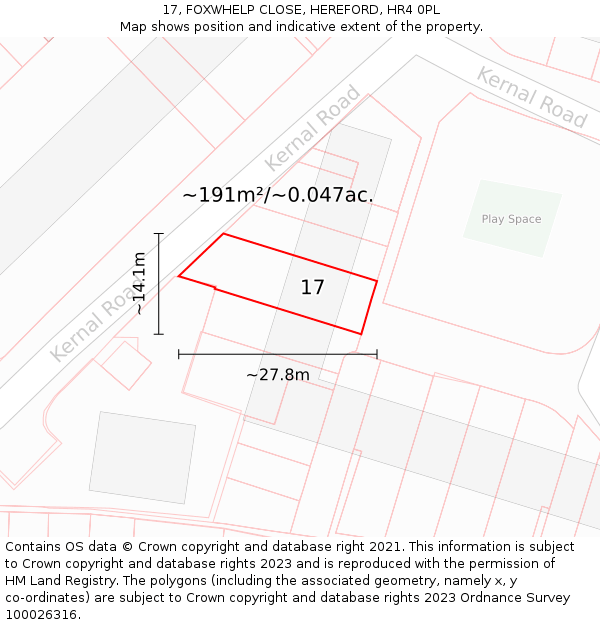 17, FOXWHELP CLOSE, HEREFORD, HR4 0PL: Plot and title map