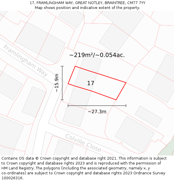 17, FRAMLINGHAM WAY, GREAT NOTLEY, BRAINTREE, CM77 7YY: Plot and title map