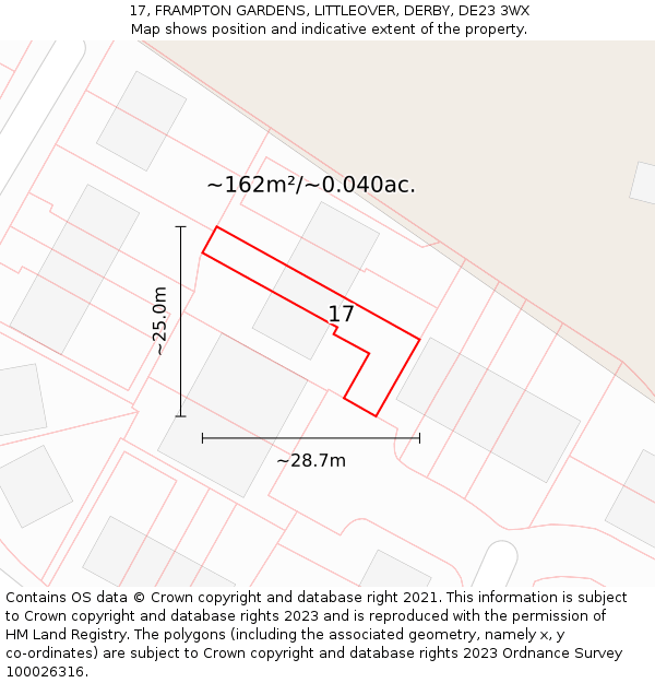 17, FRAMPTON GARDENS, LITTLEOVER, DERBY, DE23 3WX: Plot and title map