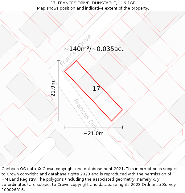17, FRANCES DRIVE, DUNSTABLE, LU6 1GE: Plot and title map