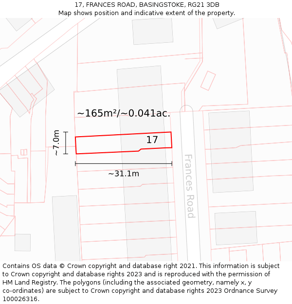 17, FRANCES ROAD, BASINGSTOKE, RG21 3DB: Plot and title map