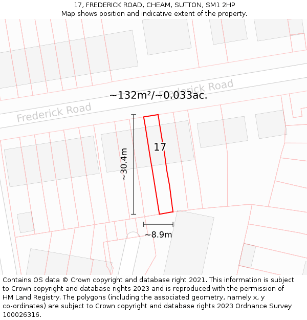 17, FREDERICK ROAD, CHEAM, SUTTON, SM1 2HP: Plot and title map