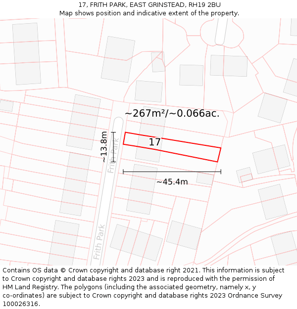 17, FRITH PARK, EAST GRINSTEAD, RH19 2BU: Plot and title map