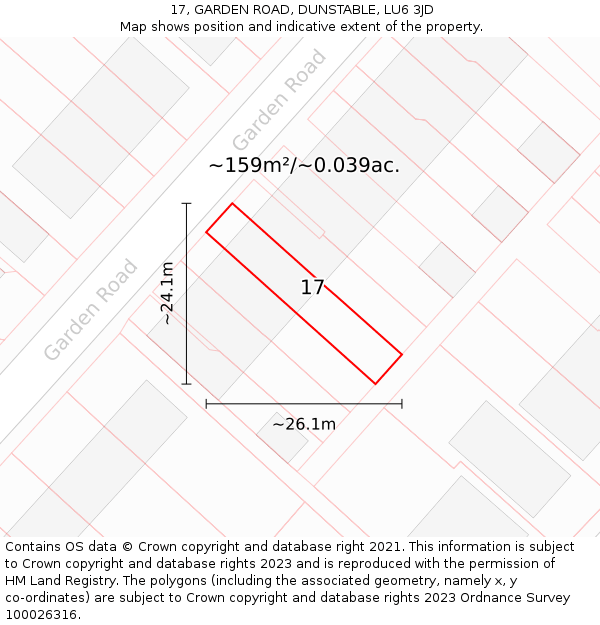 17, GARDEN ROAD, DUNSTABLE, LU6 3JD: Plot and title map