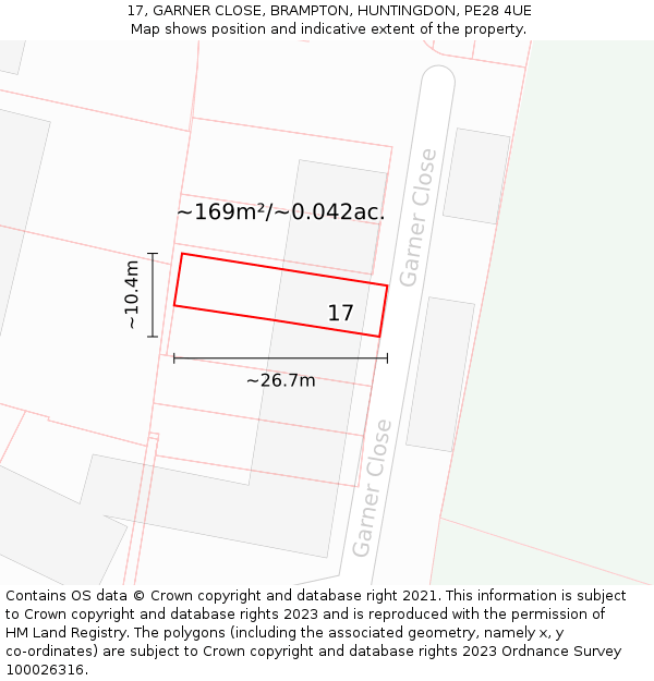 17, GARNER CLOSE, BRAMPTON, HUNTINGDON, PE28 4UE: Plot and title map
