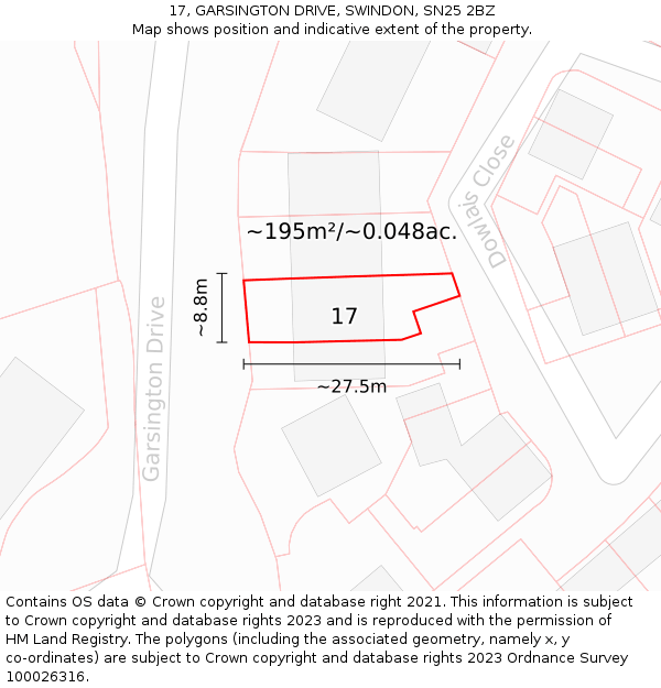 17, GARSINGTON DRIVE, SWINDON, SN25 2BZ: Plot and title map
