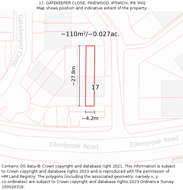 17, GATEKEEPER CLOSE, PINEWOOD, IPSWICH, IP8 3NQ: Plot and title map