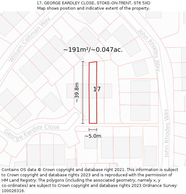 17, GEORGE EARDLEY CLOSE, STOKE-ON-TRENT, ST6 5XD: Plot and title map