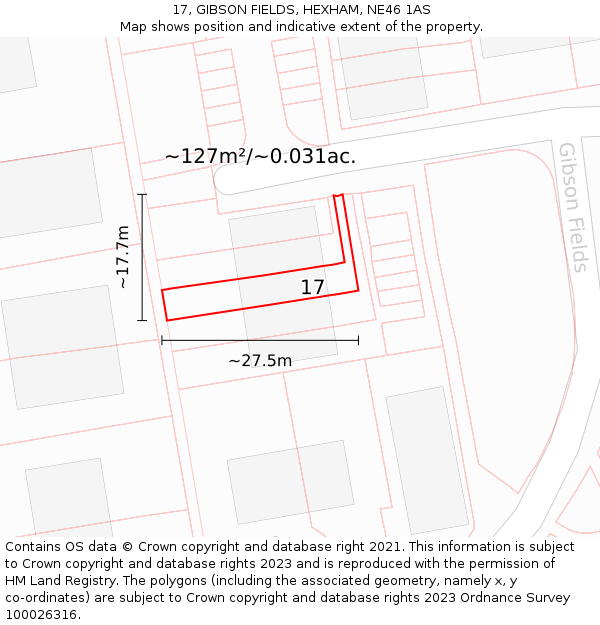 17, GIBSON FIELDS, HEXHAM, NE46 1AS: Plot and title map