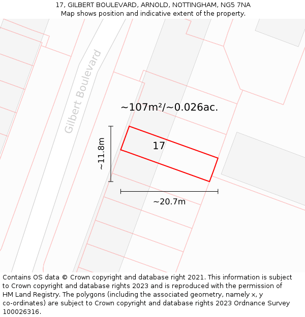 17, GILBERT BOULEVARD, ARNOLD, NOTTINGHAM, NG5 7NA: Plot and title map