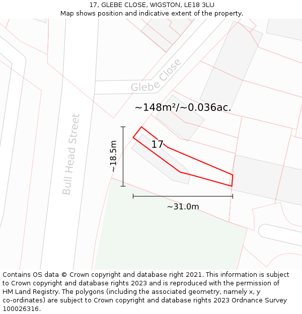 17, GLEBE CLOSE, WIGSTON, LE18 3LU: Plot and title map
