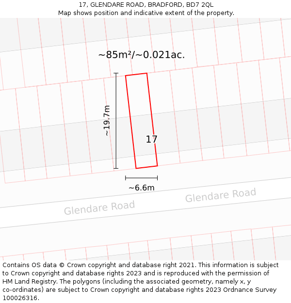 17, GLENDARE ROAD, BRADFORD, BD7 2QL: Plot and title map