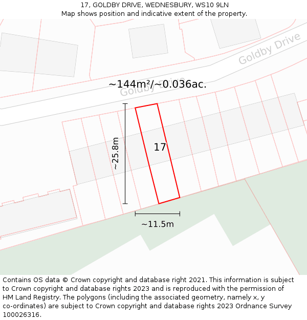 17, GOLDBY DRIVE, WEDNESBURY, WS10 9LN: Plot and title map