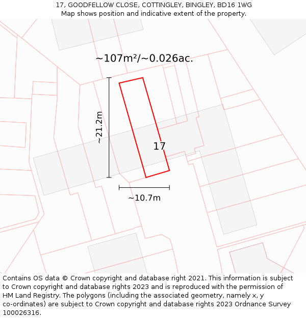 17, GOODFELLOW CLOSE, COTTINGLEY, BINGLEY, BD16 1WG: Plot and title map