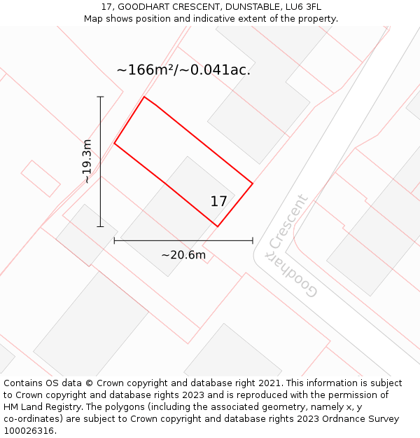 17, GOODHART CRESCENT, DUNSTABLE, LU6 3FL: Plot and title map