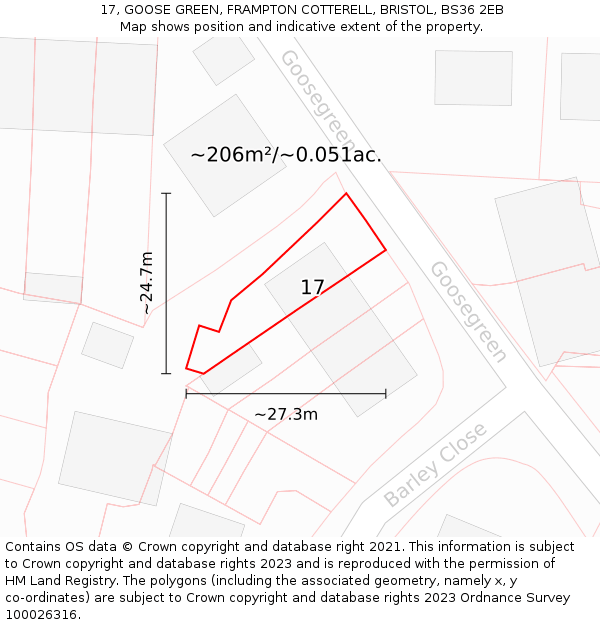 17, GOOSE GREEN, FRAMPTON COTTERELL, BRISTOL, BS36 2EB: Plot and title map