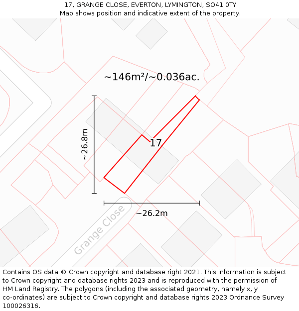 17, GRANGE CLOSE, EVERTON, LYMINGTON, SO41 0TY: Plot and title map
