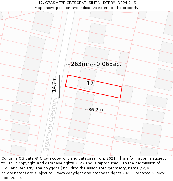 17, GRASMERE CRESCENT, SINFIN, DERBY, DE24 9HS: Plot and title map