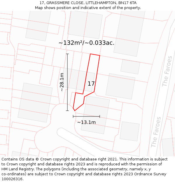 17, GRASSMERE CLOSE, LITTLEHAMPTON, BN17 6TA: Plot and title map