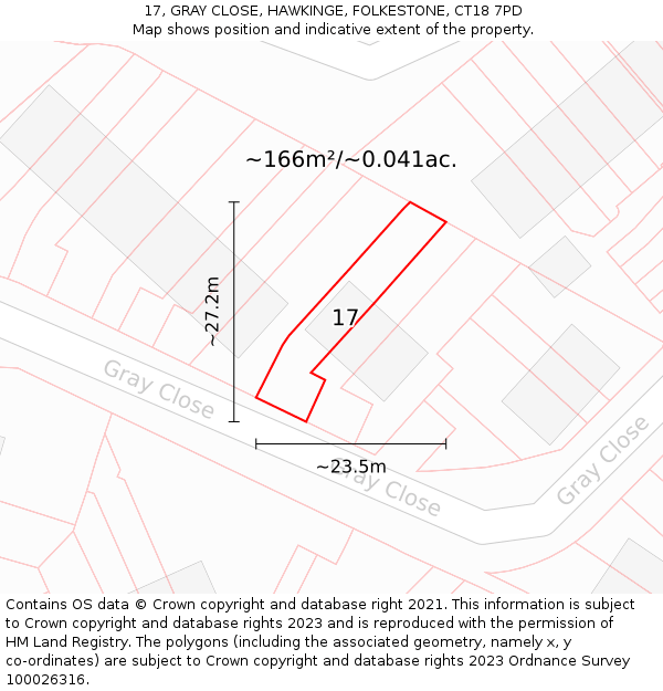 17, GRAY CLOSE, HAWKINGE, FOLKESTONE, CT18 7PD: Plot and title map