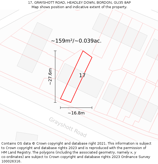 17, GRAYSHOTT ROAD, HEADLEY DOWN, BORDON, GU35 8AP: Plot and title map