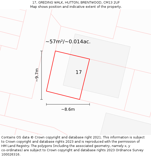 17, GREDING WALK, HUTTON, BRENTWOOD, CM13 2UF: Plot and title map