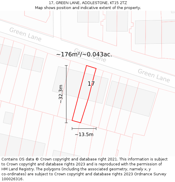 17, GREEN LANE, ADDLESTONE, KT15 2TZ: Plot and title map