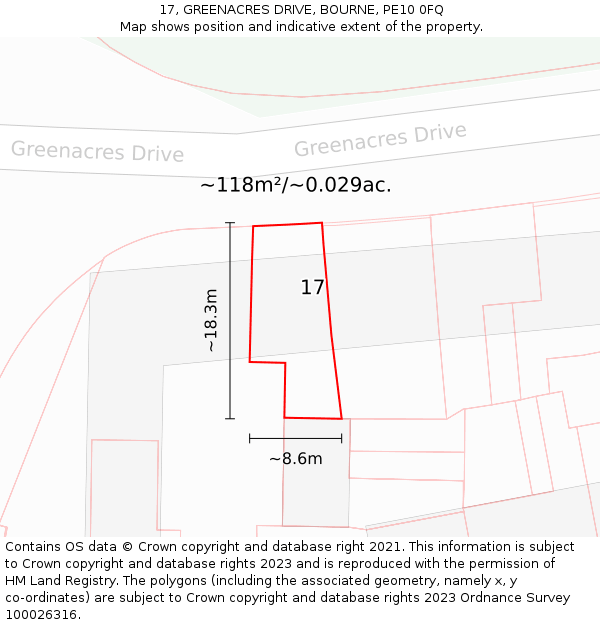 17, GREENACRES DRIVE, BOURNE, PE10 0FQ: Plot and title map