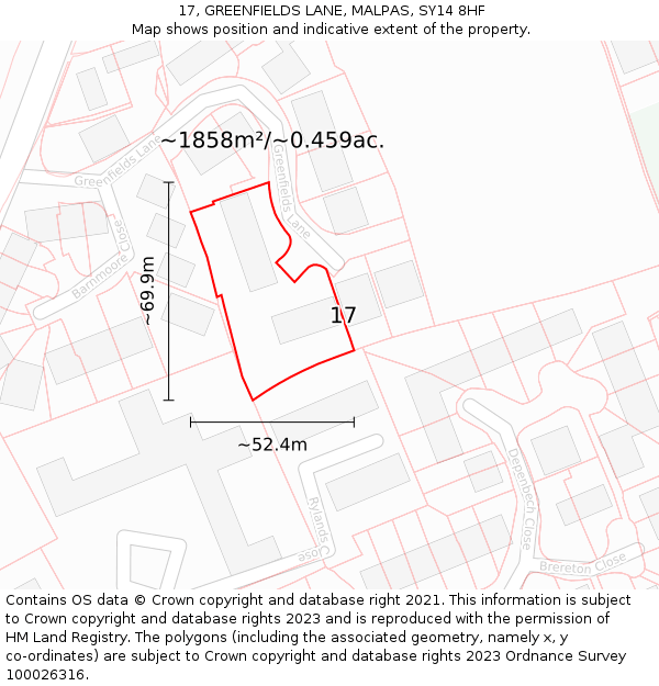 17, GREENFIELDS LANE, MALPAS, SY14 8HF: Plot and title map
