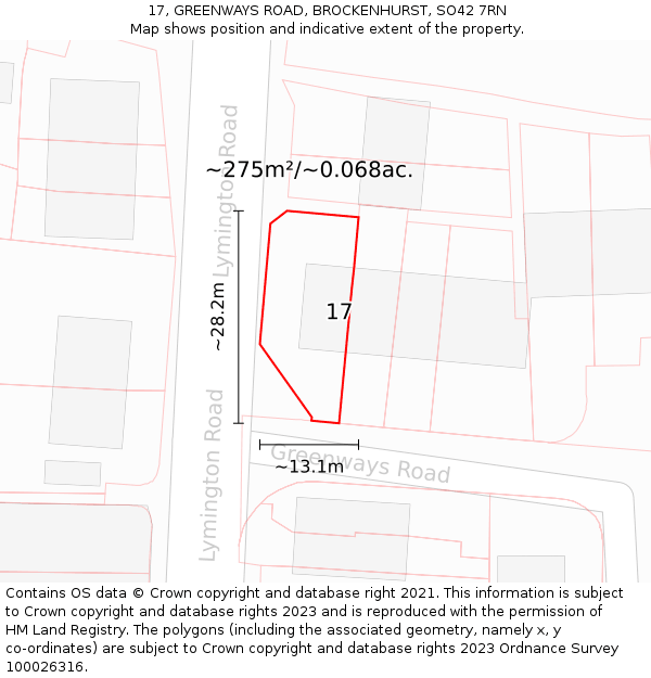 17, GREENWAYS ROAD, BROCKENHURST, SO42 7RN: Plot and title map