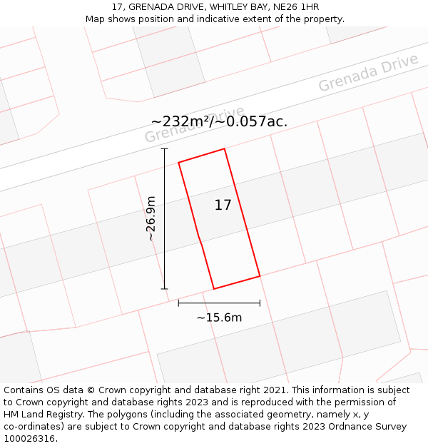 17, GRENADA DRIVE, WHITLEY BAY, NE26 1HR: Plot and title map