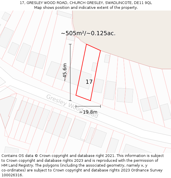 17, GRESLEY WOOD ROAD, CHURCH GRESLEY, SWADLINCOTE, DE11 9QL: Plot and title map
