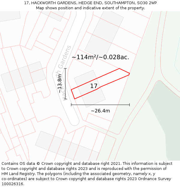 17, HACKWORTH GARDENS, HEDGE END, SOUTHAMPTON, SO30 2WP: Plot and title map