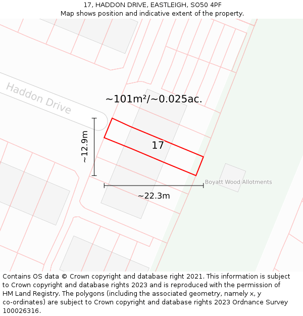 17, HADDON DRIVE, EASTLEIGH, SO50 4PF: Plot and title map