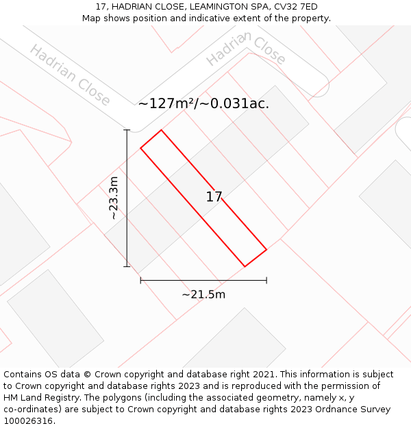 17, HADRIAN CLOSE, LEAMINGTON SPA, CV32 7ED: Plot and title map
