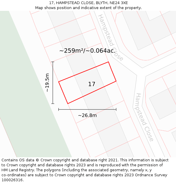 17, HAMPSTEAD CLOSE, BLYTH, NE24 3XE: Plot and title map