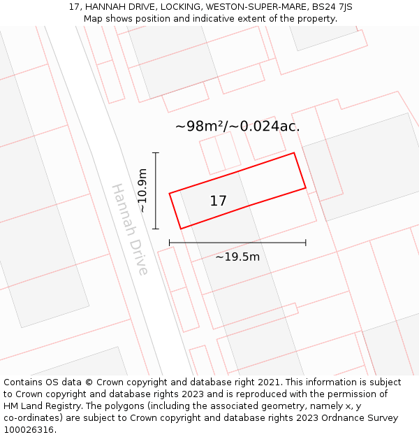17, HANNAH DRIVE, LOCKING, WESTON-SUPER-MARE, BS24 7JS: Plot and title map