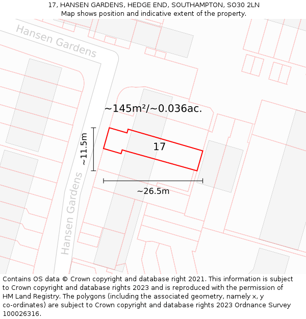 17, HANSEN GARDENS, HEDGE END, SOUTHAMPTON, SO30 2LN: Plot and title map