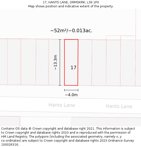 17, HANTS LANE, ORMSKIRK, L39 1PX: Plot and title map