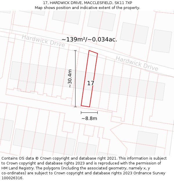 17, HARDWICK DRIVE, MACCLESFIELD, SK11 7XP: Plot and title map