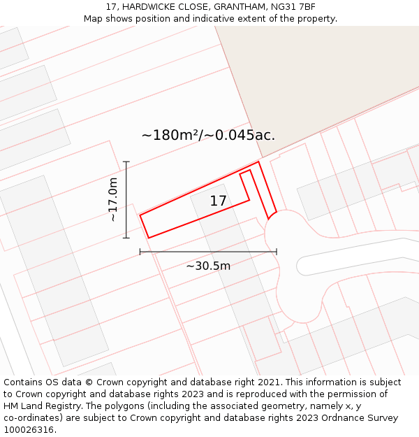 17, HARDWICKE CLOSE, GRANTHAM, NG31 7BF: Plot and title map